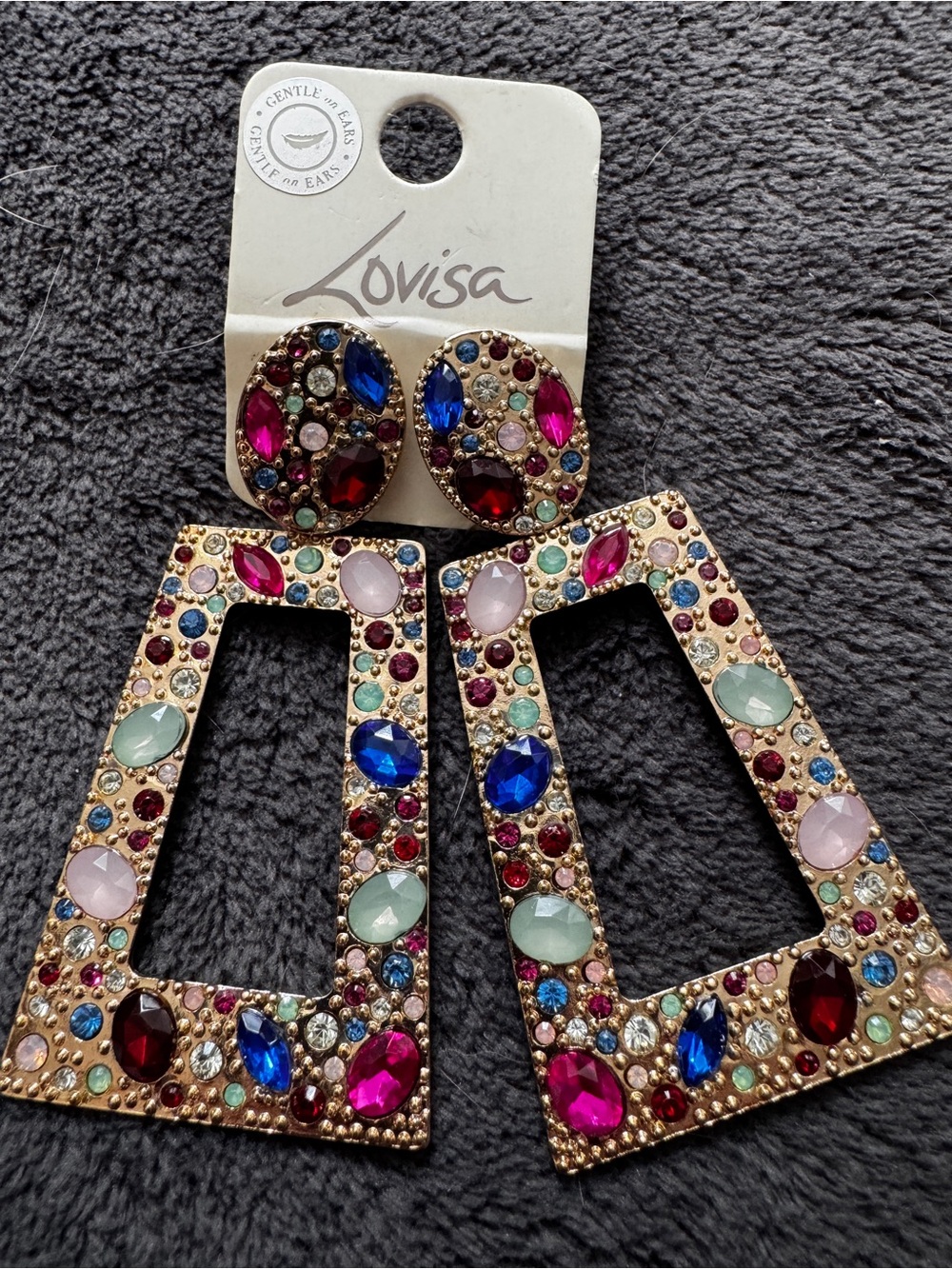 Lovisa Oversized Geometric Drop Earrings gold tone multicolored rhinestones NWT